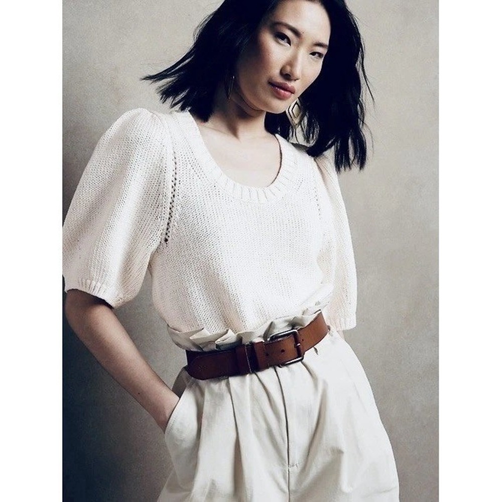 BR Puff Sleeve Crew Sweater S Cream Cotton Knit Capsule Feminine Minimalist